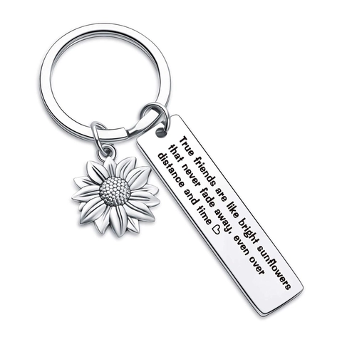 Stainless Steel Sunflower Inspirational Keychain Friendship Gift Best Friend Sister Quote Engraved Pendant Rectangle Tag Keychain Jewelry