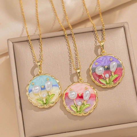 Franse Vintage Bloem Hanger Ketting Titanium Staal Koper Emaille Zoetwaterparel Barok Stijl Sieraden Voor Vrouwen