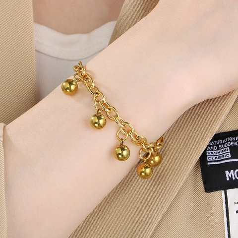 Pulsera De Dijes De Acero Inoxidable Colgantes De Bolas Redondas Chapado En Oro De 18K Joyas De Moda Para Mujeres