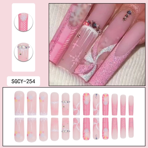 Long Square Press On Nails Pink Gradient With Rhinestones Snowflakes Christmas Winter Artificial False Finger Nails