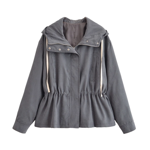Dames Jack Met Capuchon En Cargo Rok Grijs Polyester Trekkoord Rits Streetwear Casual Outdoor