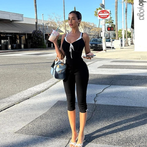 Knitted Women Jumpsuit Slim Fit Sleeveless Lace Trim Bow Camisole Retro Sporty Casual Capri Length Bodysuit