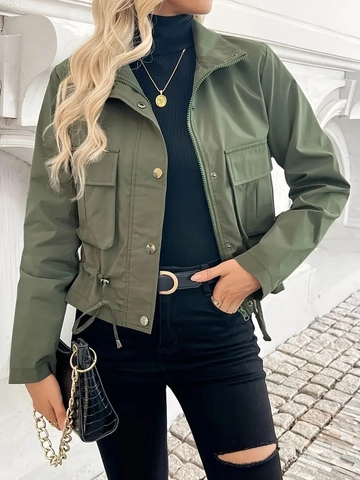 Dames Cargo Jas Kort Windjack Polyester Effen Kleur Rits Drukknop Trekkoord Zoom Klepzakken Legergroen Casual