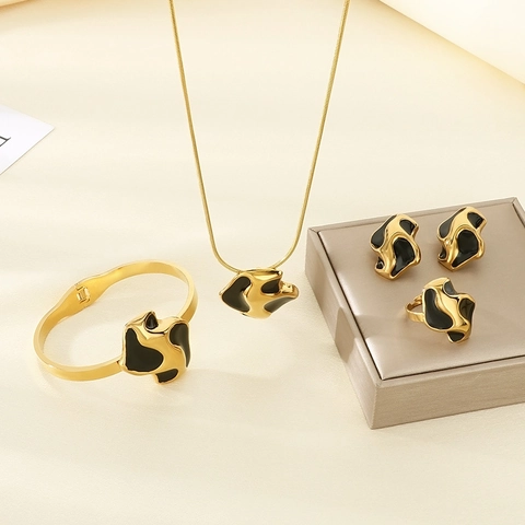 Women Stainless Steel Jewelry Necklace Earrings Ring Bracelet Floral Hollow Artificial Pearl Geometric Elegant Western Accessory