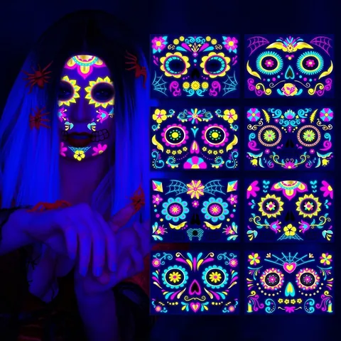 Halloween Tag Der Toten Gesicht Tattoo Aufkleber UV Fluoreszierend Neon Zuckerschädel Wasserdichtes Make-Up Für Party Cosplay