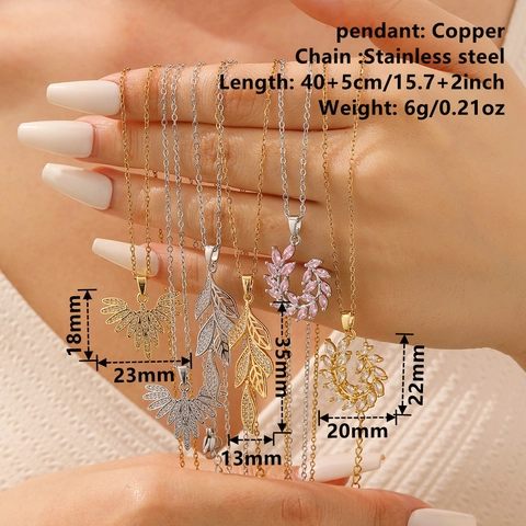 Collier Pendentif Feuille Zircon Incrusté Chaîne Acier Inoxydable Bijoux Cuivre Pour Femmes Design Ailes Creuses