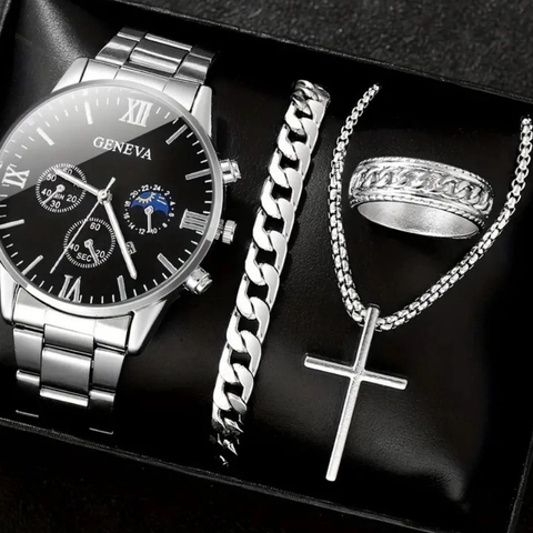 Men Business Quartz Watch Roman Numeral Dial Cross Pendant Necklace Cuban Link Bracelet Chain Ring Alloy Metal