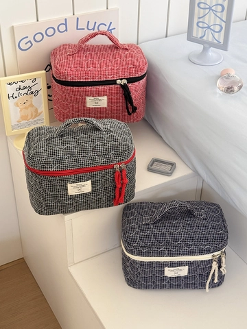 Trousse De Toilette En Coton Matelassé À Carreaux Motif Cœur Sac Cosmétique De Voyage Portable Style Coréen