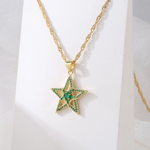 Collana Con Pendente A Stella Rame Placcato Oro 18K Zircone Verde Catena Da Clavicola Gioielli Eleganti Per Donne