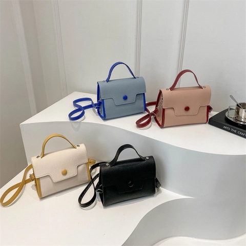 Women Contrast Color Handbag Lychee Pattern PU Leather Small Square Crossbody Bag With Top Handle Fashion Simple Vintage