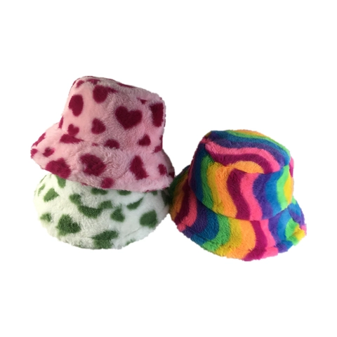 Sombrero De Pescador De Peluche Piel Sintética Cálido Invierno Patrón De Corazón Estampado De Vaca Rayas Arcoíris Mujer Dulce