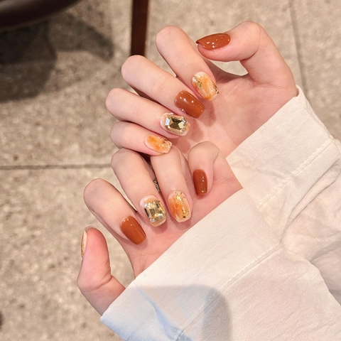 Handmade Short Press On Nails Amber Marble Gold Cat Eye Foil Rhinestone Artificial Pearl Luxury Glossy False Nails