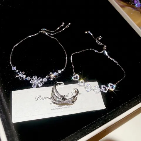 Luxus Kupfer Zirkon Schmuck Eingelegte Blume Herz Stern Armband Und Verstellbarer Ring Eleganter Modeschmuck Für Damen