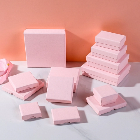 Textured Paper Jewelry Gift Box Pink Square Rectangular Storage Packaging For Ring Earring Necklace Bracelet With Sponge Lining Elegant