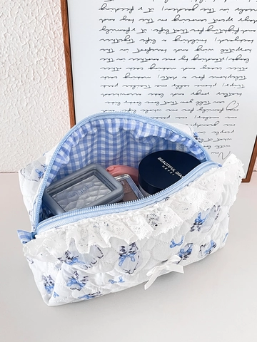 Quilted Cotton Makeup Bag With Blue Cat Bow Print Lace Trim Heart Pattern Zipper Cosmetic Pouch Travel Organizer For Women