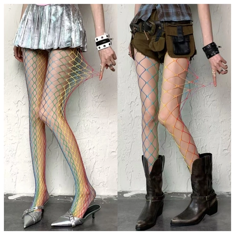 Women Rainbow Gradient Fishnet Pantyhose Nylon High Elastic Large Mesh Hollow Out Tights Punk Retro Streetwear Style