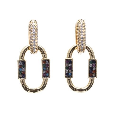 Geometrische Ovalen Schakel Drop Oorbellen Verguld Koper Gekleurde Zirkonia Mode Retro Stijl Voor Vrouwen