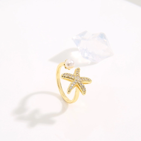 Starfisch Offener Ring Kupfer 18K Vergoldet Zirkon Künstliche Perle Seestern Verstellbarer Schmuck Für Damen Elegant