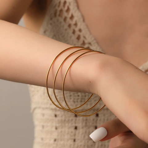 Minimalist Stainless Steel Bangle Bracelet 18K Gold Plated Multi Layer Plain Thin Ring Commuting Fashion Jewelry For Women