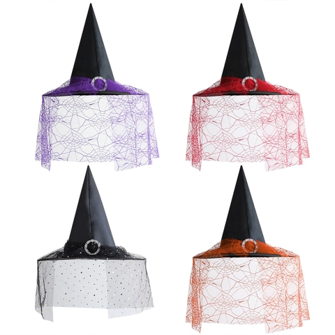 Halloween Witch Hat Pointed Costume Accessory Oxford Cloth Lace Spider Web Veil For Adult Kids Party Cosplay