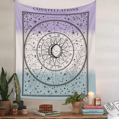 Tapiz De Mapa Estelar De Constelaciones Bohemio Decoración De Pared De Poliéster Para Dormitorio Sala Degradado Morado