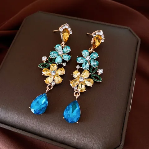 Orecchini Pendenti Con Fiori In Cristallo Multicolore Lega Strass Goccia D'acqua Stile Palazzo Retrò Con Perno In Argento Per Donna