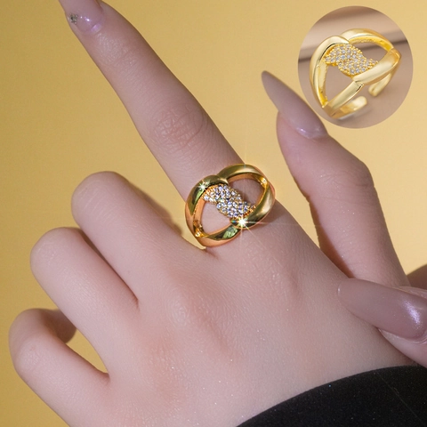 Elegante Anello In Rame Con Zirconia Design Aperto Regolabile Gioielli Geometrici Semplici Da Donna