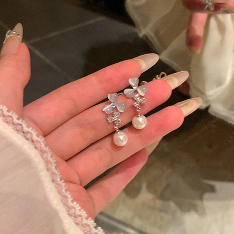 Pendientes Colgantes De Flores Elegantes Aleación Piedra Ojo De Gato Imitación Perla Artificial Circón Con Poste De Plata De Ley 925 Para Mujeres