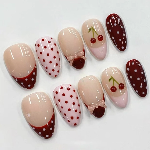 French Style Press-On Nagels Zoete Kers Polka Dot 3D Boog Amandelvorm ABS Plastic Kunstnagels