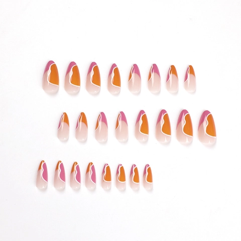 Press On Nails Mandelform Lang Französischer Stil Rosa Orange Weiß Wellenmuster Abstrakt Minimalistisch Künstliche Fingernägel
