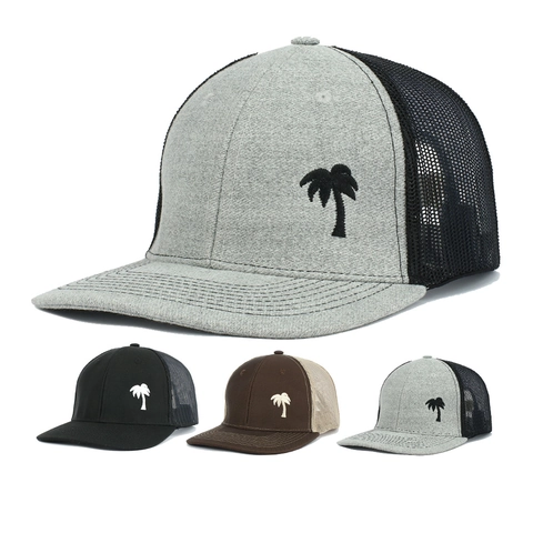 Geborduurde Palmboom Trucker Hat Katoen Polyester Mesh Ademend Zonbescherming Buiten Baseball Cap Voor Heren Dames