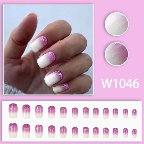 Press On Nails Purple White Gradient Ombre Glitter Sparkly Square Oval Artificial Fake Nails For Women