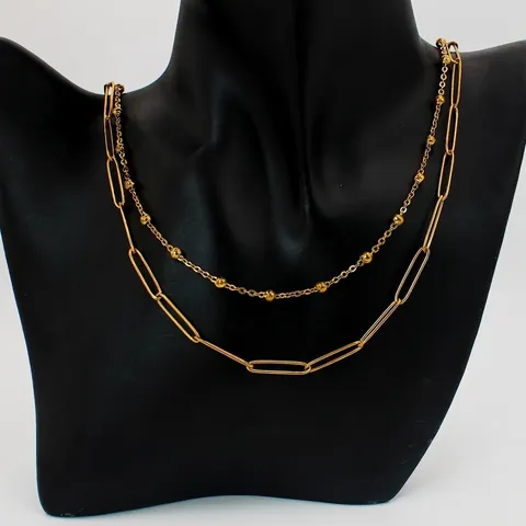 Women Double Layered Stainless Steel Necklace 18K Gold Plated Paperclip Link Bead Chain Minimalist Fashion Jewelry Accessories