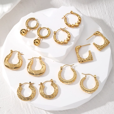 Pendientes De Aro De Acero Inoxidable Chapado En Oro Geométrico Irregular Texturizado Martillado Torsed Hueco Joyería Vintage