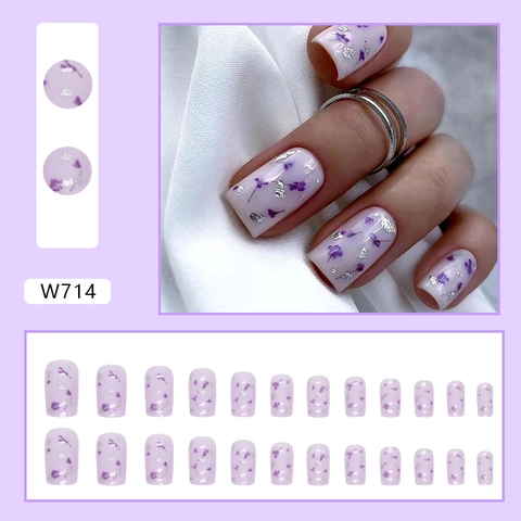Uñas Postizas Color Violeta Taro Patrón Floral Cuadradas Medianas Largas Románticas Mujer Estilo Dulce Flores Secas Papel Plata