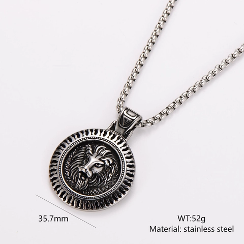 Vintage Lion Head Pendant Necklace Stainless Steel Retro Round Medallion Hip Hop Punk Jewelry For Men