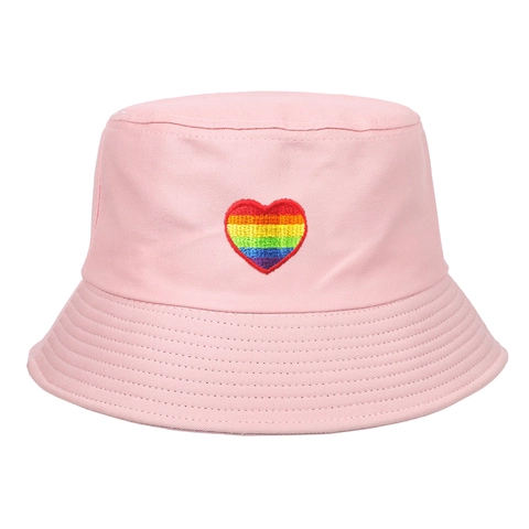 Rainbow Heart Embroidery Bucket Hat Pure Cotton Sun Protection Fisherman Hat For Women Outdoor Summer Travel Cap