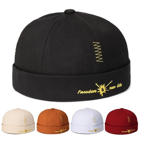 Retro Docker Hat Brimless Miki Hat Embroidery Adjustable Leather Strap Hip-hop Streetwear Unisex Cotton Polyester