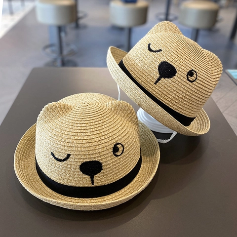 Chapeau De Paille Mignon Pour Enfants Avec Oreilles Animaux Et Broderie Visage Dessin Animé Chapeau Soleil Été