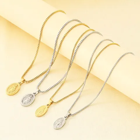 Collana Medaglia Miracolosa Vergine Maria Acciaio Inossidabile Placcato Oro 18K Pendente Ovale Gioielli Religiosi Retro Unisex