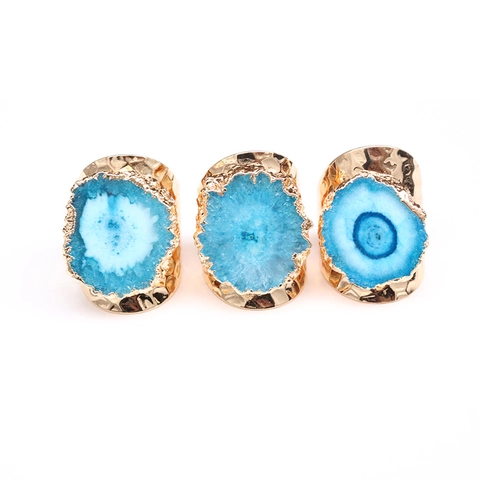 Natürlicher Achat Kristall Sonnenblume Verstellbarer Offener Ring Boho Gehämmert Vergoldetes Kupfer Rohstein Ring Damen Schmuck