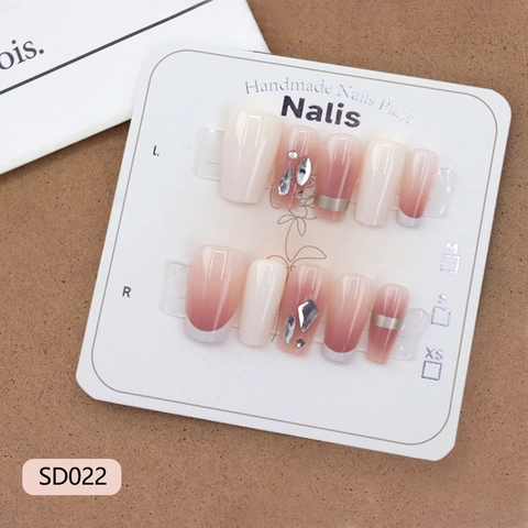 Handgefertigte Künstliche Fingernägel Strass Dekoration Französisch Blush Pink Farbverlauf Lange Coffin Falsche Nägel Damen