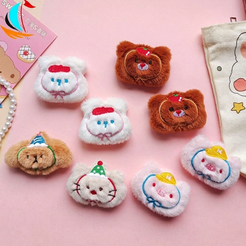 Süße Cartoon Tier Plüsch Accessoire Brosche Stickerei Katze Hase Bär Für DIY Haarspangen Kleidung Dekoration Kawaii