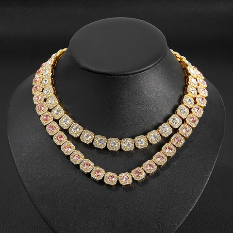 Hip Hop Mode Rosa Strass Panzerkette Halskette Zinklegierung Quadratische Glieder Gold Silber Vergoldet Choker Schmuck Unisex