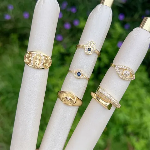 Verstelbare Ring Met Boze Oog En Hand Van Fatima 18K Verguld Koper Zirkoon Vintage Etnische Sieraden Voor Dames