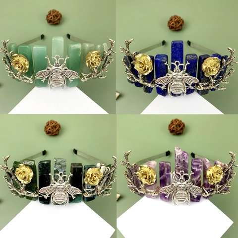 Natural Crystal Stone Crown Headband With Metal Bee Rose Flower Branch Forest Style Gothic Tiara For Women