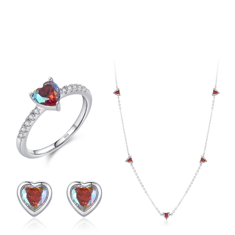 925 Sterlingsilber Herz Aurora Zirkonia Halskette Ohrringe Ring Für Damen Koreanischer Süßer Eingelegter Schmuck Geschenk