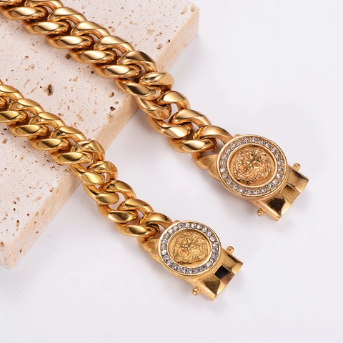 Lion Head Cuban Link Chain Jewelry Necklace And Bracelet 316L Stainless Steel Gold Plated Rhinestone Hip Hop Men