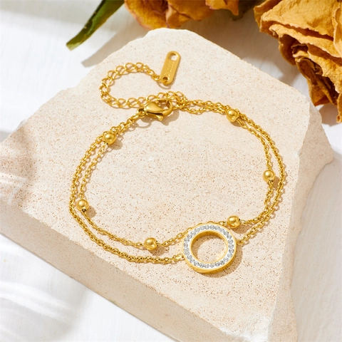 Stainless Steel Double Layer Bracelet Gold Plated Beaded Chain Cubic Zirconia Circle Pendant Adjustable For Women
