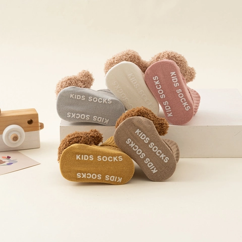 Cute Cartoon Bear Infant Mid-calf Floor Socks Non-slip Combed Cotton Toddler Walking Socks Breathable Indoor Socks For Babies